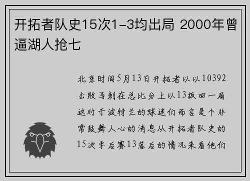 开拓者队史15次1-3均出局 2000年曾逼湖人抢七