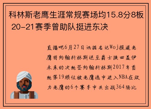 科林斯老鹰生涯常规赛场均15.8分8板 20-21赛季曾助队挺进东决