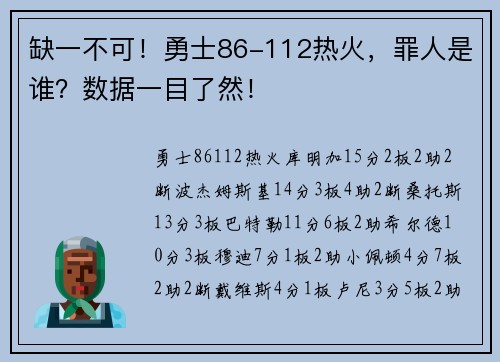 缺一不可！勇士86-112热火，罪人是谁？数据一目了然！